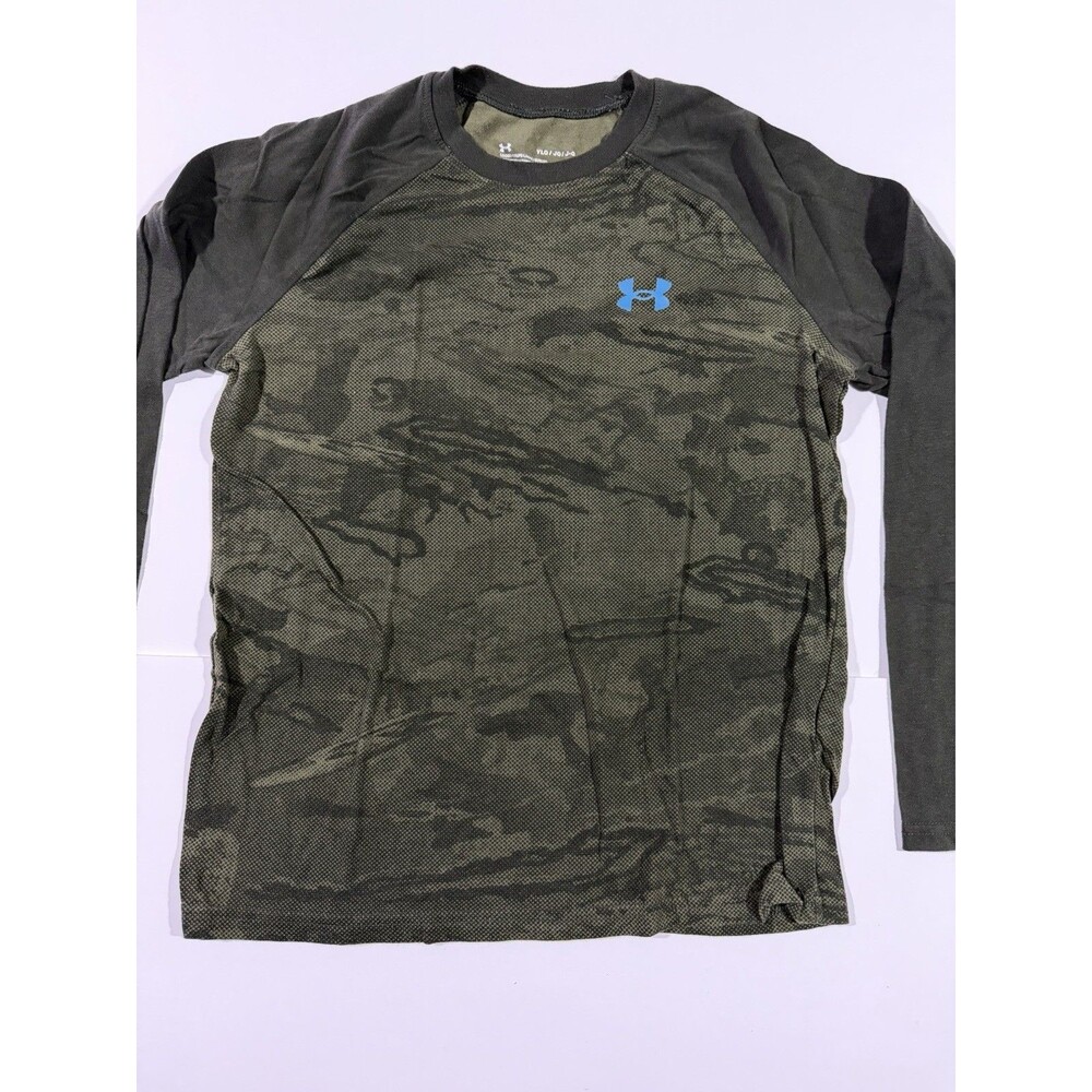 Under Armour Boys YLG Camouflage Long Sleeve T-Shirt Green Black Loose Crew Neck